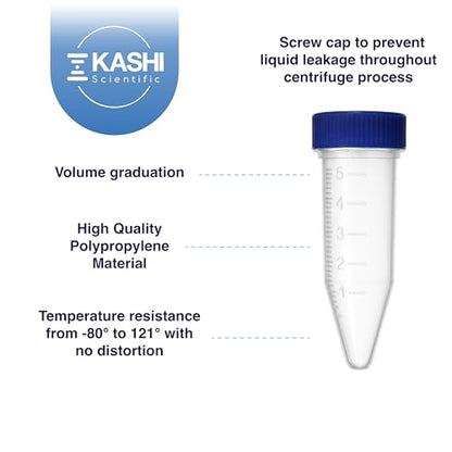 Kashi Scientific 5mL Screw Cap Conical Centrifuge Tubes, Sterile Test Tubes with Blue Lids, Lab-Grade Polypropylene Plastic, Printed Graduation and Write-on Spot [5mL Screw Cap, 100] - size: 5mL, Screw Cap
