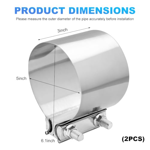 2 PCS Exhaust Clamp, Stainless Steel Butt Joint Band Muffler Clamp with Nuts, Durable Butt Joint Exhaust Pipe Sleeve Coupler Replacement for Most Vehicles, Car Accessories (5") - color: 5", 2 Pcs