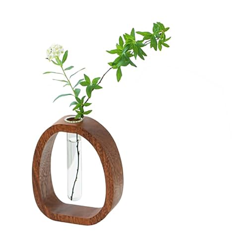 Walnut Wood Glass Flower Vase with Test Tubes | Modern Hydroponic Planter for Fresh Cut Flowers | Handcrafted Tabletop Decor for Home, Office, Farmhouse Style (Large) - size: Large