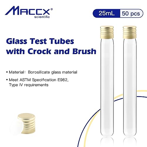 Glass Test Tubes with Aluminium caps, 4004-0605, Round Bottom, Made of Neutral Borosilicate Glass, Size 18x145mm, Set of 50. TTG025-050 - style: 50pcs of Vol.25ml, with caps