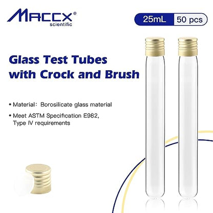 Glass Test Tubes with Aluminium caps, 4004-0605, Round Bottom, Made of Neutral Borosilicate Glass, Size 18x145mm, Set of 50. TTG025-050 - style: 50pcs of Vol.25ml, with caps