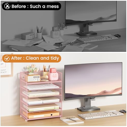 Subekyu 6-Tier Desk Paper Organizer, Desktop File Letter Tray with Handle, Document Sorter and Accessories Holder for Office, Home and School Workspace Organizers, Pink-2 Pack - color: 2 Pack 6-tier - Pink