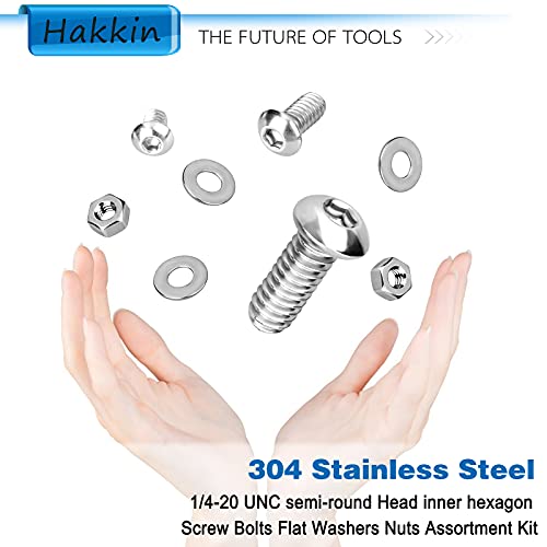Hakkin 330pcs SAE 1/4-20 UNC Hex Socket Button Head Cap Screw Bolts Flat Washers Nuts Assortment Kit 304 Stainless Steel, 8 Sizes (Length 3/8" to 2"), Machine Screws Set with Storage Case - size: F. 1/4