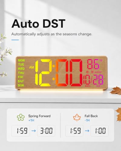 HAITANG 16.2" Wood Digital Wall Clock, 8 Colors, Remote & Night Light - color: Wood