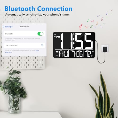 13" Bluetooth Auto Sync Wall Clock - Large Digital Alarm Clock with Remote - style: White Numbers