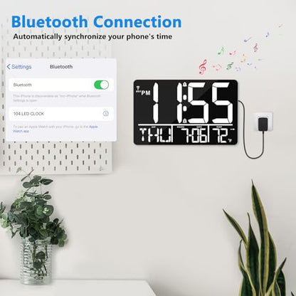 13" Bluetooth Auto Sync Wall Clock - Large Digital Alarm Clock with Remote - style: White Numbers