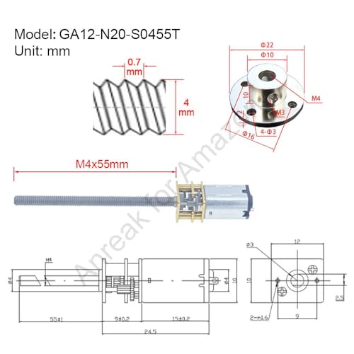 2Pcs DC 12V 300RPM M4 x 55mm 3-12V 20-3000RPM N20 Motor with Gear Reduction for Precision, Threaded Rod Motor for 3D Printers (12-300) - color: M4 x 55mm Thread Shaft, size: 12V 300 RPM Motor Only