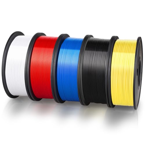 PLA 3D Printer Filament Bundle, 1.75mm 3D Printer Filament, Acurracy +/- 0.02mm, 250gX5 Spools, 1.25 Kg in Total, 5 Colors 3D Printer Filament Pack, No Clogging&Bubble, Fit for 3D Pen and FDM Printer - color: Black+white+yellow+blue+red