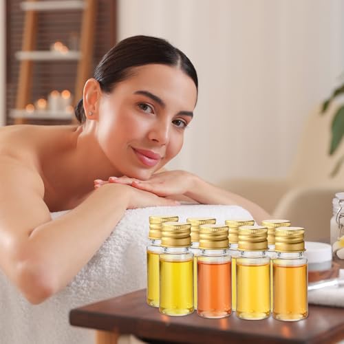 200 Pcs 10ml Mini Plastic Bottles Vials Tiny Jar with Aluminum Screw Lid Cap Clear Plastic Sample Container with Sealed Top Metal Lid for Cosmetic Essential Oil Specimen DIY Craft (Gold) - color: Gold