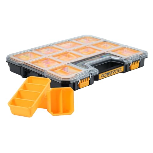 POWERTEC Small Parts Organizer & Tool Box – 20 Compartments, IP65 Water & Dust Protection, Stackable Storage with Interlocking Latch, Removable Bin, Dividers, Clear Lid, Portable Design (72366) - color: Stackable Tool Box Shallow, size: 20 Compartments