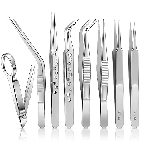 8 Pcs Stainless Steel Tweezer Set Forceps Magnifying Glass for Beauty Craft