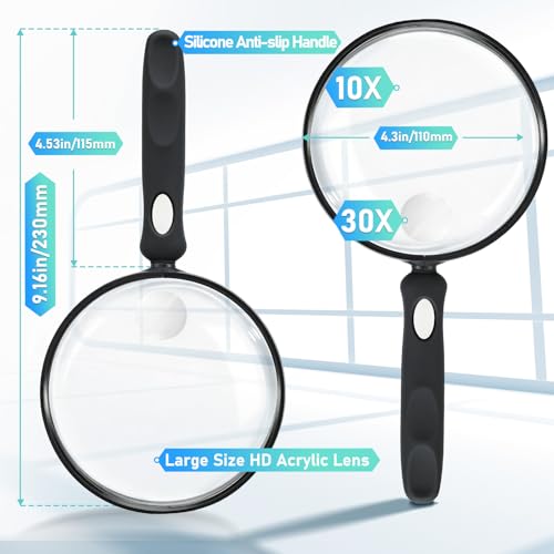 10X 30X Handheld Magnifying Glass for Reading, Upgrade 110mm Large Magnifying Glass with Non-Slip Handle, Scratch Resistant Lens, Magnifiers for Close Work Reading Newspaper Hobby Observation(4.3in)