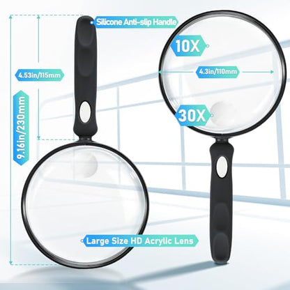 10X 30X Handheld Magnifying Glass for Reading, Upgrade 110mm Large Magnifying Glass with Non-Slip Handle, Scratch Resistant Lens, Magnifiers for Close Work Reading Newspaper Hobby Observation(4.3in)