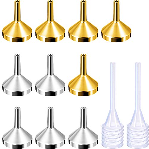 TecUnite 10 Pack Small Metal Funnels with 2 Pack Pipette, Silver and Gold