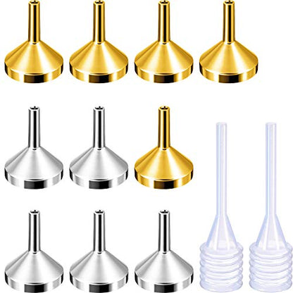 TecUnite 10 Pack Small Metal Funnels with 2 Pack Pipette, Silver and Gold