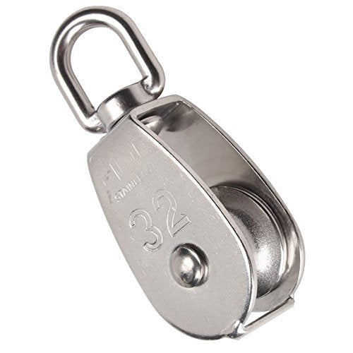 1-Pack M32 Single Pulley Block Stainless Steel Heavy Duty Hardware Single Wheel Swivel Rigging Lifting Wheel Fixed Pulley for Wire Rope Loading 250kg - size: 1-Pack M32