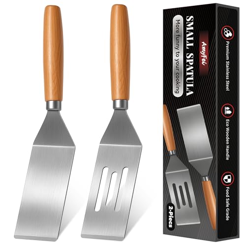 Stainless Steel Mini Spatula,Wooden Handle Small Spatula for Steak,Burger - color: 2 PCS