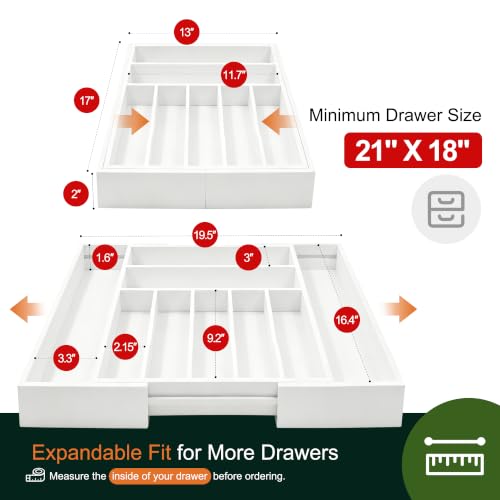 Large Premium Bamboo Silverware Organizer - Expandable Drawer Organizer & Utensil Organizer - 17"x19.7" Cutlery Tray with Dividers for Kitchen Utensils and Flatware (7-9 Slots) (White) - color: White, size: 9 Slots Expandable