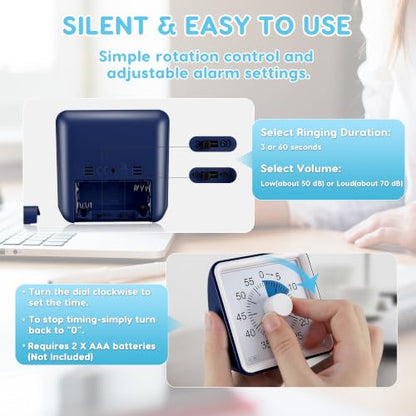 Secura Visual Timer for Kids, 60 Minute Classroom Countdown Timer for Study - color: Navy Blue & Navy Blue