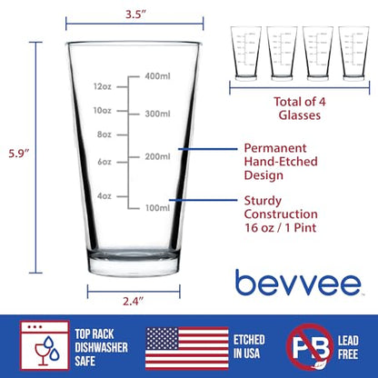 Bevvee Mixing Glass Measuring Cup Pint Glass Engraved - 16 oz - Set of 4 - style: Set of 4