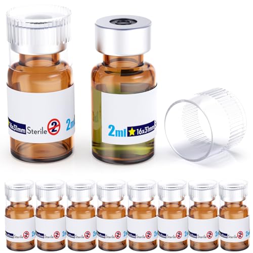 Biomed Solutions Sterile Empty Vial with Reusable Plastic Cap,Ready to Fill Glass Containers, Liquid Injection Bottle Sealed with Self Healing Injection Port (2ml Amber 10pcs) - size: 2ml Amber 10pcs