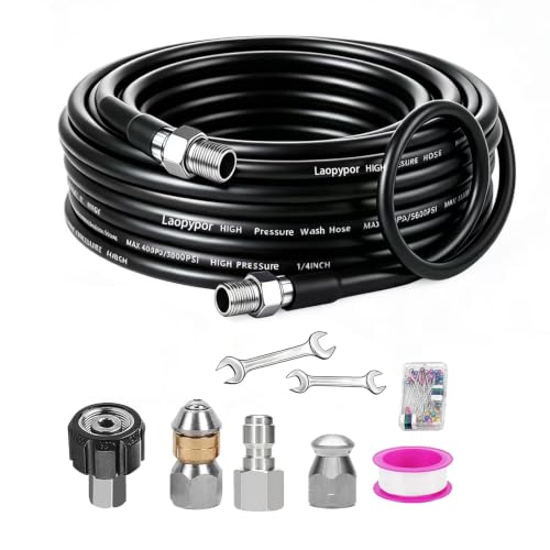 Sewer Jetter Kit for Pressure Washer, 5800PSI Drain Cleaner Hose 1/4 Inch NPT Corner Rotating and Button Nose Sewer Jetting Nozzle,Sewer Jetting Nozzles Kit with Spanner (25FT) - size: 25FT