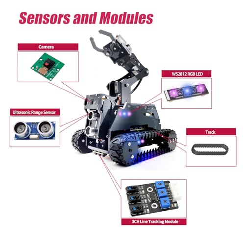 Adeept RaspTank Smart Robot Car Kit for Raspberry Pi 4B/3B/3B+(Board Not Included), Tank Tracked Robot with 4-DOF Robotic Arm,Obstacle Avoidance, Line Tracking, USB-C Charging, with Digital Tutorials