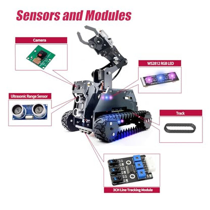 Adeept RaspTank Smart Robot Car Kit for Raspberry Pi 4B/3B/3B+(Board Not Included), Tank Tracked Robot with 4-DOF Robotic Arm,Obstacle Avoidance, Line Tracking, USB-C Charging, with Digital Tutorials