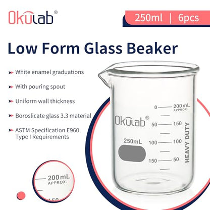 6pcs of 250mL Glass Beaker, Low Form, Graduated 3.3 Borosilicate Glass Beaker Set for Lab, Classroom, Craft, Kitchen,BKLG250B6 - style: Vol.250ml, Case of 6