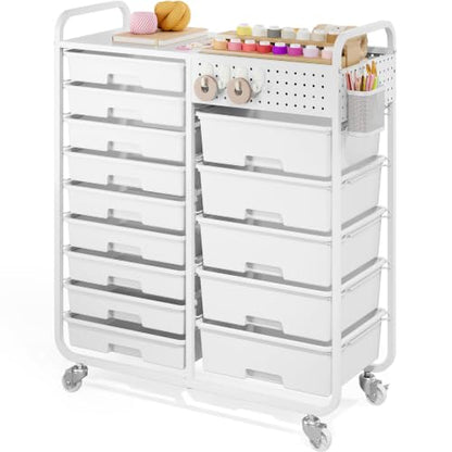 14 Drawer Rolling Storage Cart with Tabletop and Pegboard for Crafts White - color: White