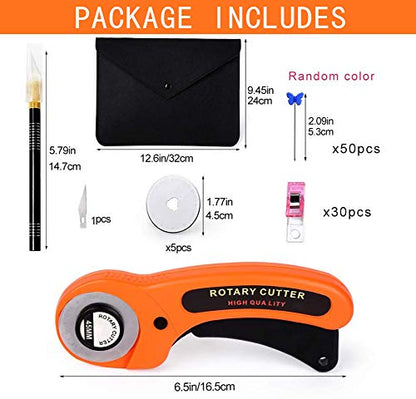 Swiftrans 90 PCS Rotary Cutter Kit, 45mm Rotary Cutter Tool Kit with 5 Extra Blades, A4 Cutting Mat, Patchwork Ruler, Carving Knife, Storage Bag Ideal Craft Supplies Set for Fabric Sewing and Quilting