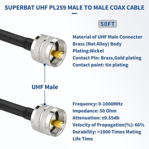 Superbat RG142 Coaxial Cable, CB Coax Cable, 50ft UHF PL259 Male to Male Low Loss CB Antenna Cables, 50 Ohm for HAM Radio, Antenna Analyzer SWR Meter - size: 50ft