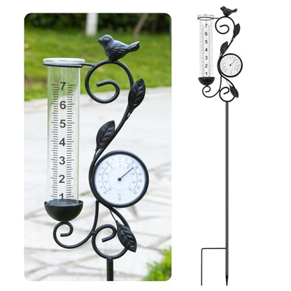 36in Black Bird Rain Gauge Thermometer Metal Garden Stake Decor - color: Black Bird