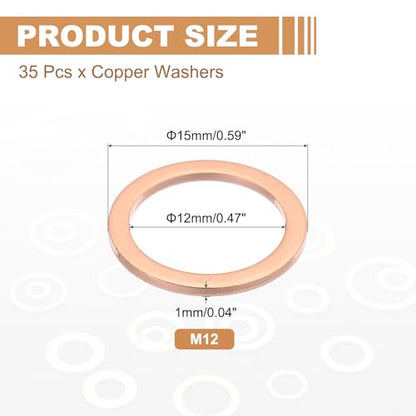 PATIKIL 35PCS M12 Copper Washers, M12x16x1mm Copper Crush Washer Metric Flat Washers Sealing Washers Assortment Kit Oil Drain Plug Gasket Ring for Automotive Battery Vehicles Screws Bolt - size: M12x16x1mm