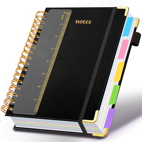 Hardcover Spiral Notebook 6.2"x 8.2" Journal Notebook with Tabs and Removable Dividers 300 Pages 5 Subject Notebook College Ruled, Faux Leather Spiral Bound Notebook for Women School Work (Black) - color: Black, size: 6.2"x8.2"(A5)