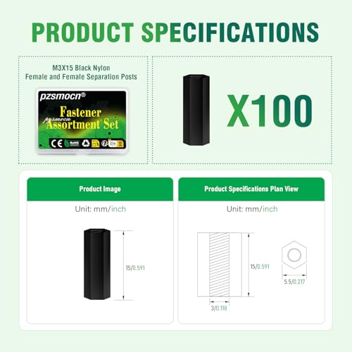 100pcs M3x15mm Nylon Black Female-Female Hex Standoff Spacer Kit - size: M3*15 mm, style: Black Female-Female Hex Standoff