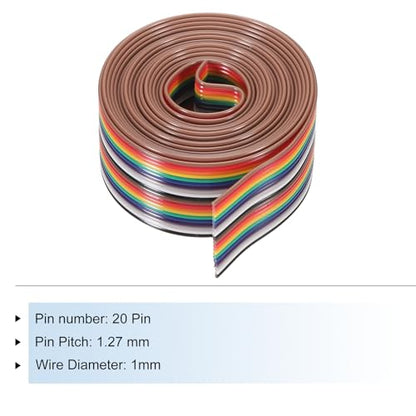 MECCANIXITY 1 Pcs 20 Pin Flat Rainbow Ribbon Cable 6.6 Ft 1.27mm Pitch Breadboard Jumper Wires for Electronic Projects - size: 6.6 Ft, style: 20P