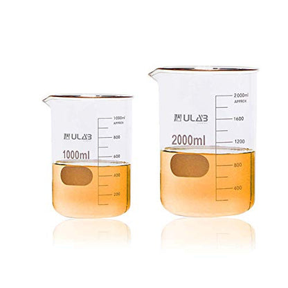 ULAB Scientific Glass Beaker Set, 2 Sizes 1000ml 2000ml, 3.3 Borosilicate Griffin Low Form with Printed Graduation, UBG1018 - style: Vol. 1000ml & 2000ml