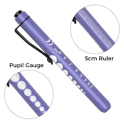 RISEMART Pen Lights for Nurses, 2Pack Reusable Medical Pen Light with Pupil Gauge and Ruler, White Light LED Penlight for Nurse Student Doctors EMT (White/Purple) - color: White and Purple