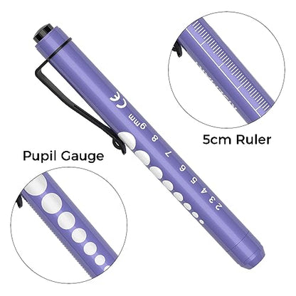 RISEMART Pen Lights for Nurses, 2Pack Reusable Medical Pen Light with Pupil Gauge and Ruler, White Light LED Penlight for Nurse Student Doctors EMT (White/Purple) - color: White and Purple