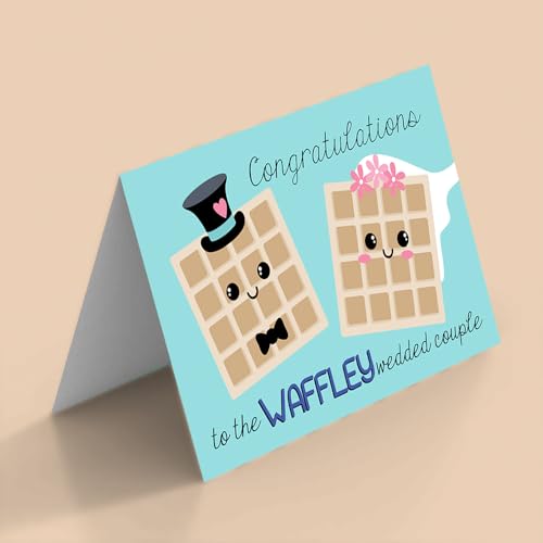 Amanda Creation Funny Wedding Card, 4x6 Blank Inside with Silver Envelope, Waffle-y Wedded Waffle Bride and Groom Congratulations - style: Waffle