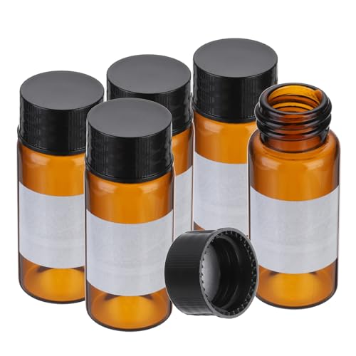 PATIKIL Small Glass Sample Bottles with Lids, 5 Pcs 10ml Amber Glass Vials with Black Screw Caps Mini Leak Proof Reagent Sealed Bottles with Writing Label for Solid Liquid Powder Storage - color: Black/Amber, size: 10ml