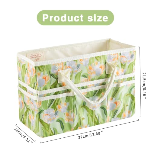Craft Organizer Tote Bag with Multiple Pockets,Green Leaves Tulips - color: Green Leaves Tulips