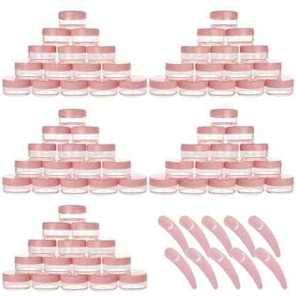Refillable Cosmetic Sample Jars - 100 Pack 10g (0.35oz) Pink Small Travel Containers with Lids + 10 Mini Makeup Spatulas - BPA Free - color: Pink