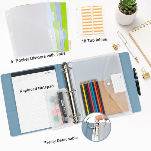 3 Ring Binder with Clipboard,2 Inch Binders with Notepad&5 Dividers with Pockets, Pen Holder, Leather Clipboards for School Office(Blue, Letter Size) - color: Blue, size: 2 Inch