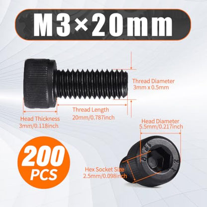M3 x 20mm Hex Socket Cap Head Screws Bolts, 200pcs Grade12.9 Machine Screws - size: M3x20mm
