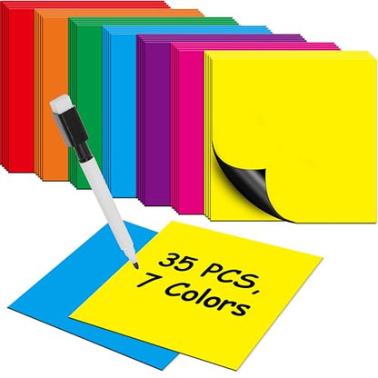 35 PCS Magnetic Sticky Notes, Reusable Dry-Erase Magnets, 7 Colors Magnetic Stickers with 1 Marker, Writable Labels for Whiteboard, Locker, Fridge, Metal Surfaces, School, Office, Home (3" x 3")