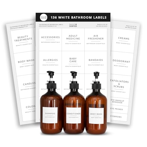 Minimalist Bathroom Labels for Organizing, 136 Preprinted Bath Room and Makeup Organizer Stickers, Waterproof Removable, Soap Shampoo Storage Supplies - style: White Bathroom Labels