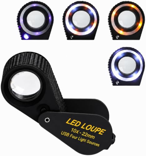 Jewelers Loupe Rechargeable Jewelry Magnifier, LED Loupe Triplet 10X with UV & LED Light for Jewelry, Watch Repair, Coins & Stamps (4 Lights Mode) - color: Black
