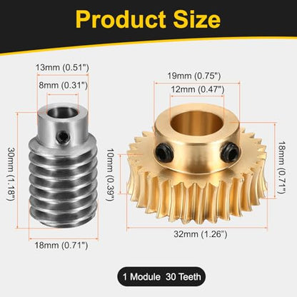 uxcell Worm Gear Set Right Rotation 30T 1 Module 30:1 Reduction Rate - size: Gear-12mm, Worm-8mm Bore, style: 1M-30T